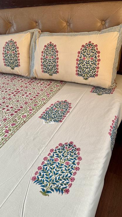 Beige and dark pink Jaipuri style handblock bedsheet for elegant bedroom styling by Aenak