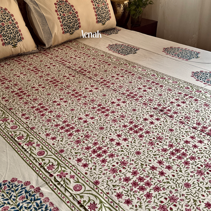 Beige base 300 TC premium cotton bedsheet with dark pink and green handblock prints by Aenak