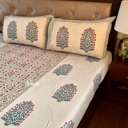 Aenak handblock printed organic percale cotton bedsheet in beige dark pink and green