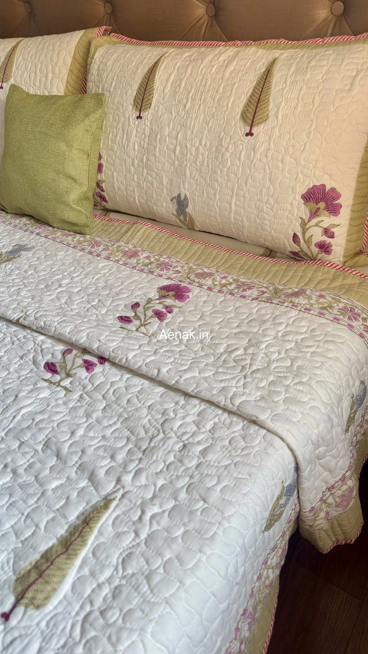 Dusty Mulberry Handblock Bedsheet + Quilted Bedcover Combo (Ivory White)