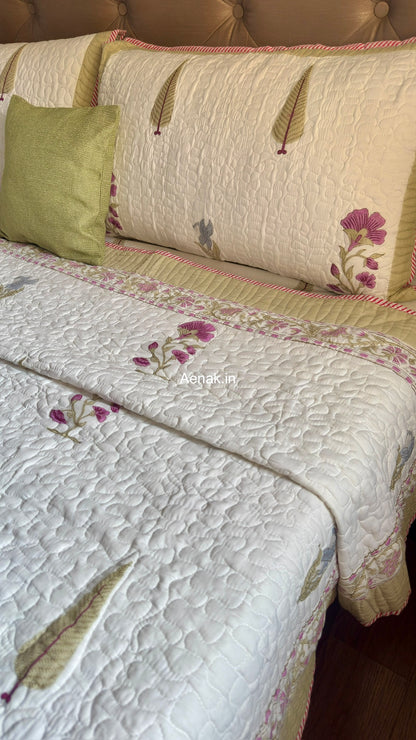 Dusty Mulberry Handblock Bedsheet + Quilted Bedcover Combo (Ivory White)