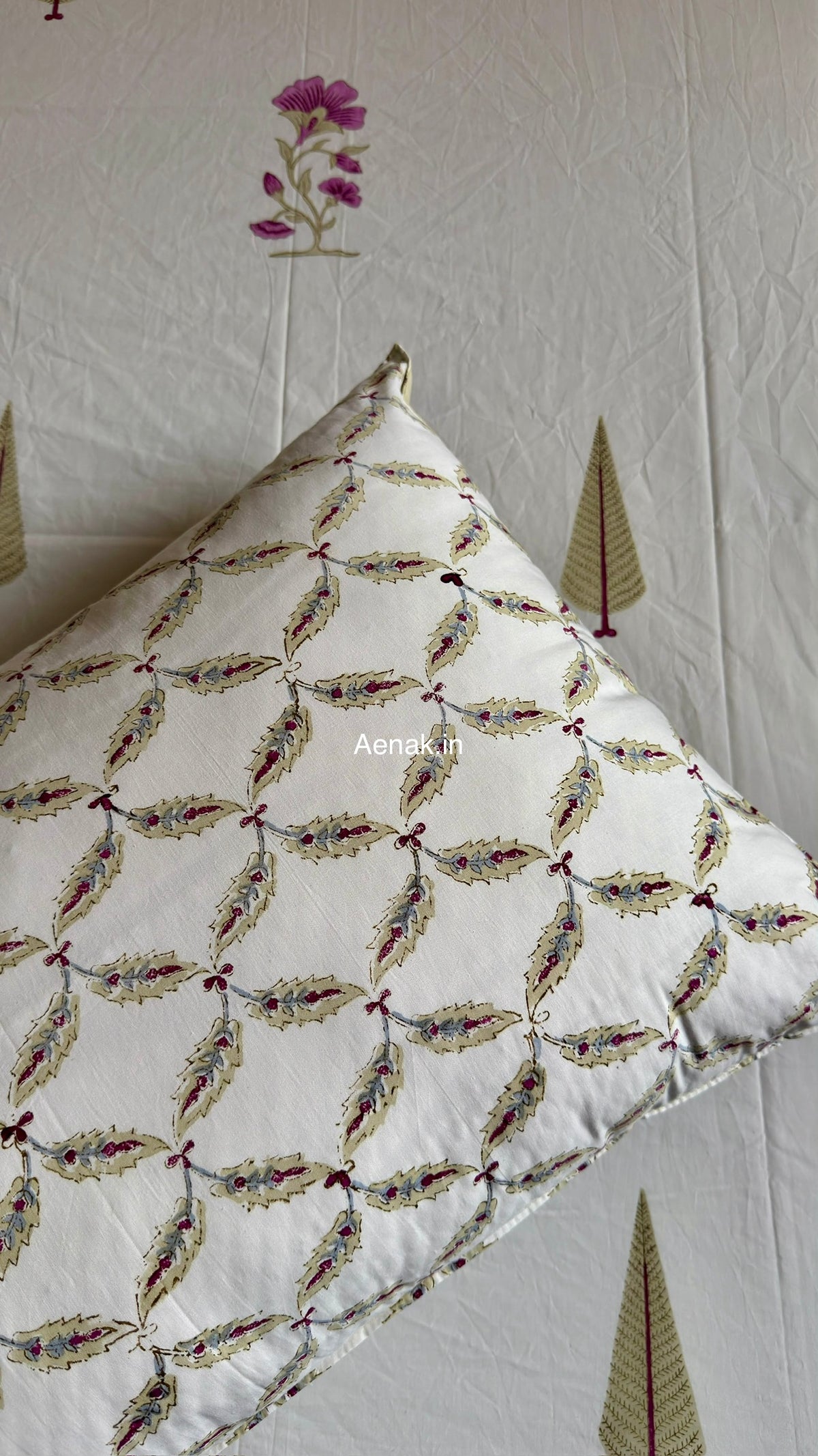 Dusty Mulberry Handblock Bedsheet + Quilted Bedcover Combo (Ivory White)
