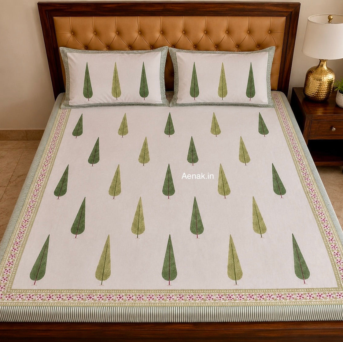Green Cypress Handblock Premium Cotton Bedsheet Set