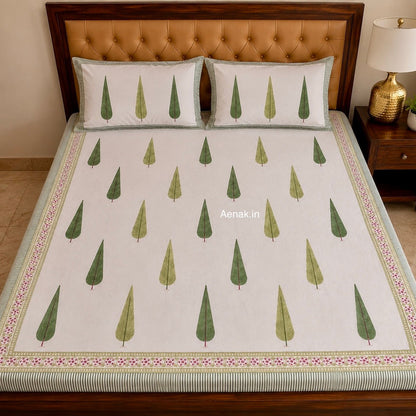 Green Cypress Handblock Premium Cotton Bedsheet Set