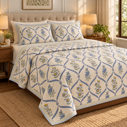 Blue Periwinkle Handblock Mulmul Cotton Reversible Dohar (Beige Base)