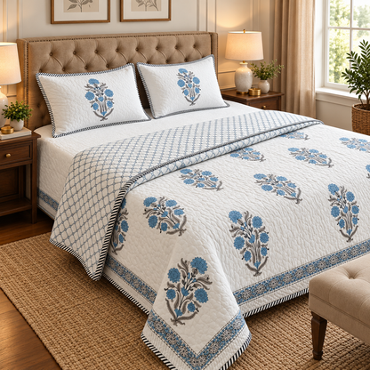 Teal Blue Handblock Reversible Quilted Bedcover Set
