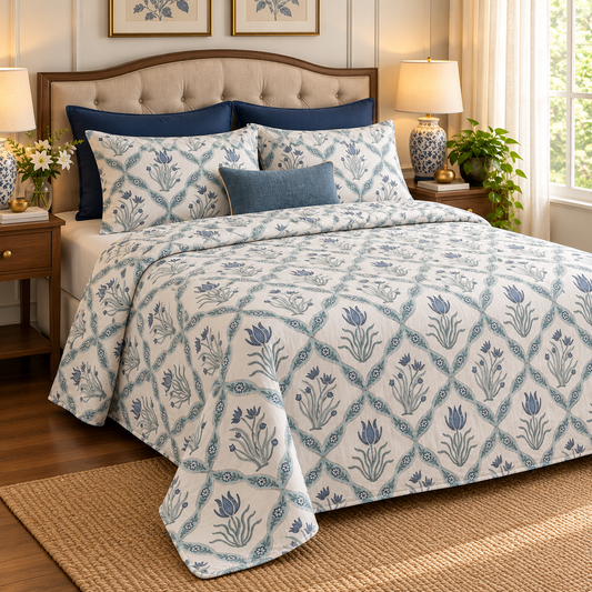 Blue Lotus Handblock Mulmul Cotton Reversible Dohar