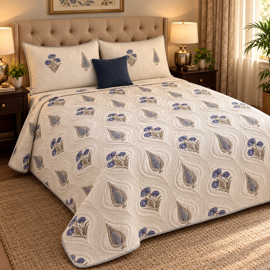 Blue Dahlia Cypress Embossed Quilted Handblock Bedcover Set