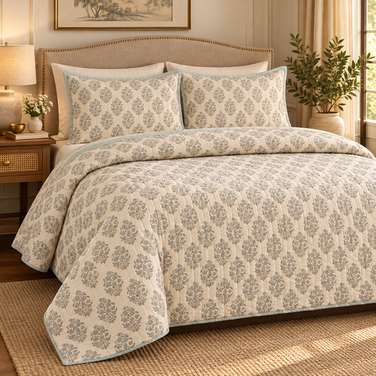 Blue Meher Handblock Reversible Mulmul Cotton Quilt