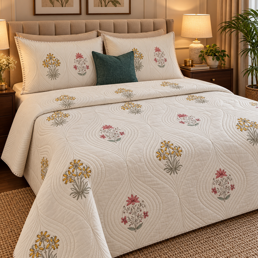 Peach Yellow Boota Embossed Handblock Bedcover Set