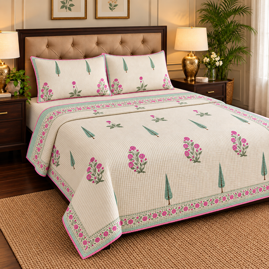 Light Magenta Floral Handblock Reversible Quilted Bedcover Set