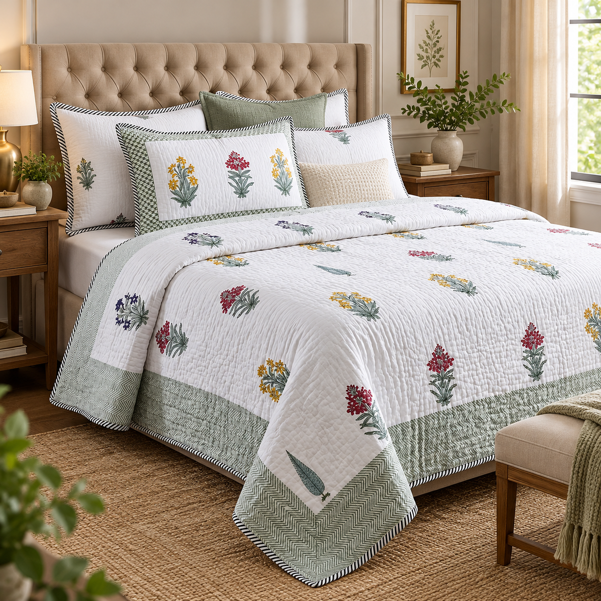 Madhumati Handblock Reversible Quilted Bedcover Set