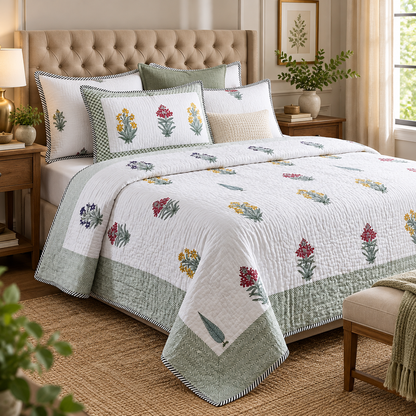 Madhumati Handblock Reversible Quilted Bedcover Set