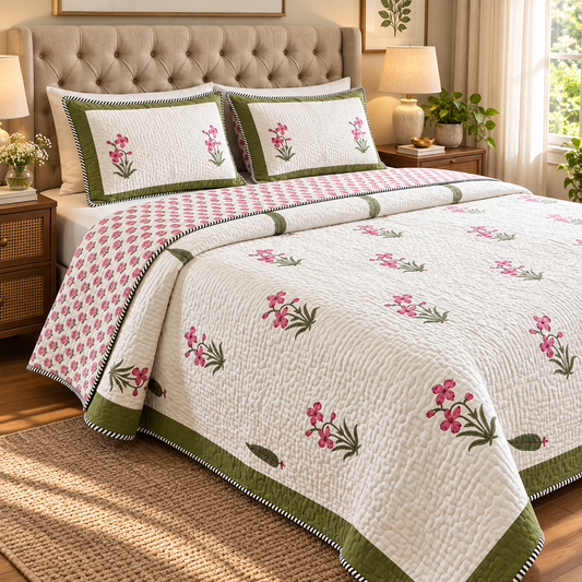 Pink Madhumati Handblock Reversible Quilted Bedcover Set