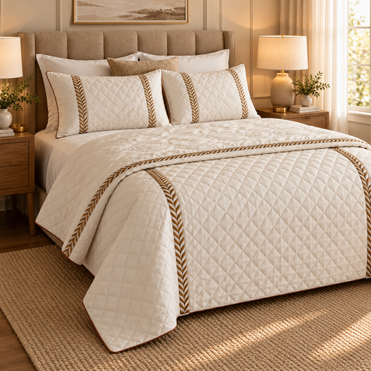White Embossed Diamond Quilted Bedcover Set with Brown Lace