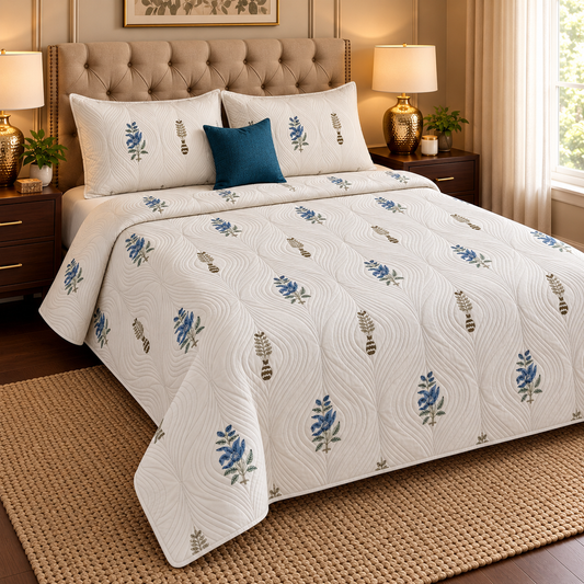Blue Floral Embossed Quilted Handblock Bedcover Set