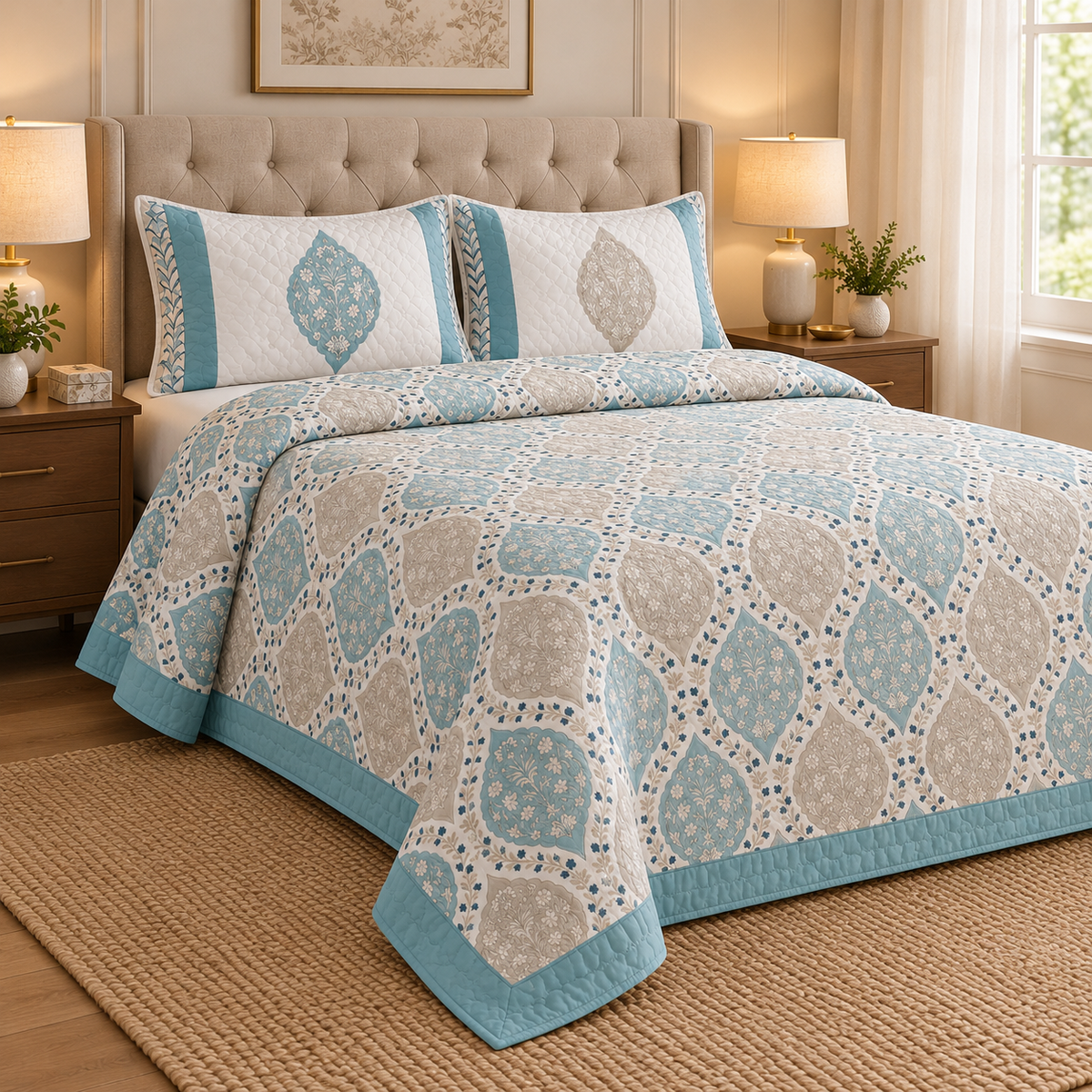 Blue Jaal Handblock Reversible Quilted Bedcover Set