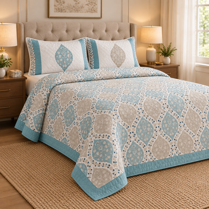 Blue Jaal Handblock Reversible Quilted Bedcover Set