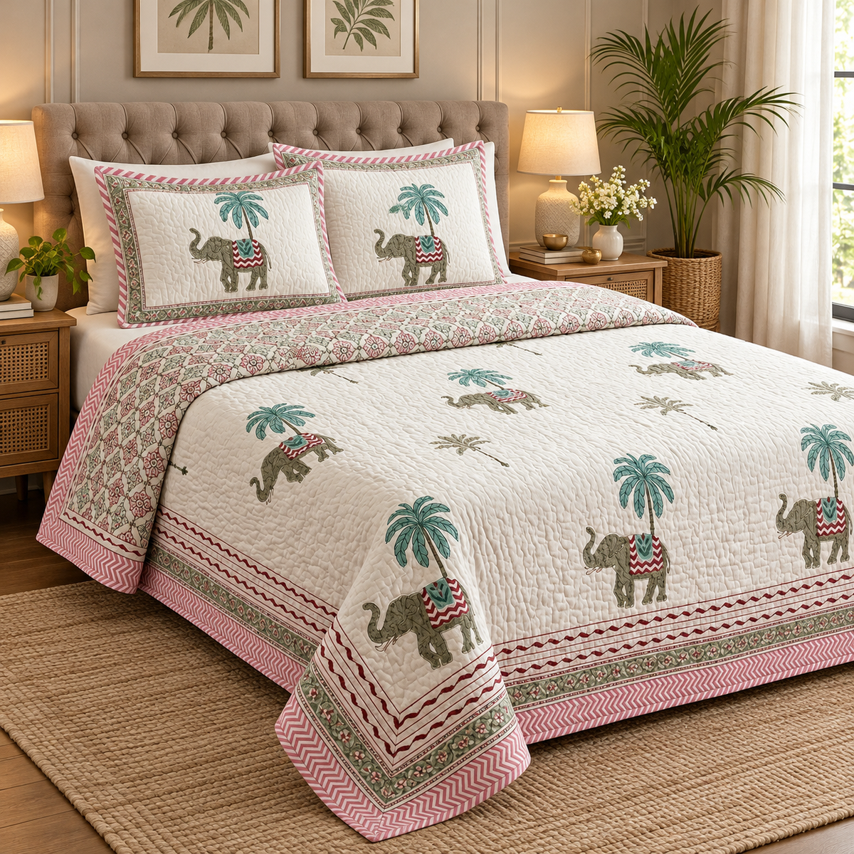 Grey Elephant Handblock Bedsheet + Quilted Bedcover Combo Set