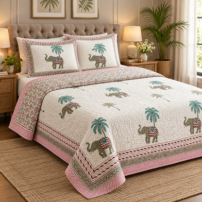 Grey Elephant Handblock Bedsheet + Quilted Bedcover Combo Set