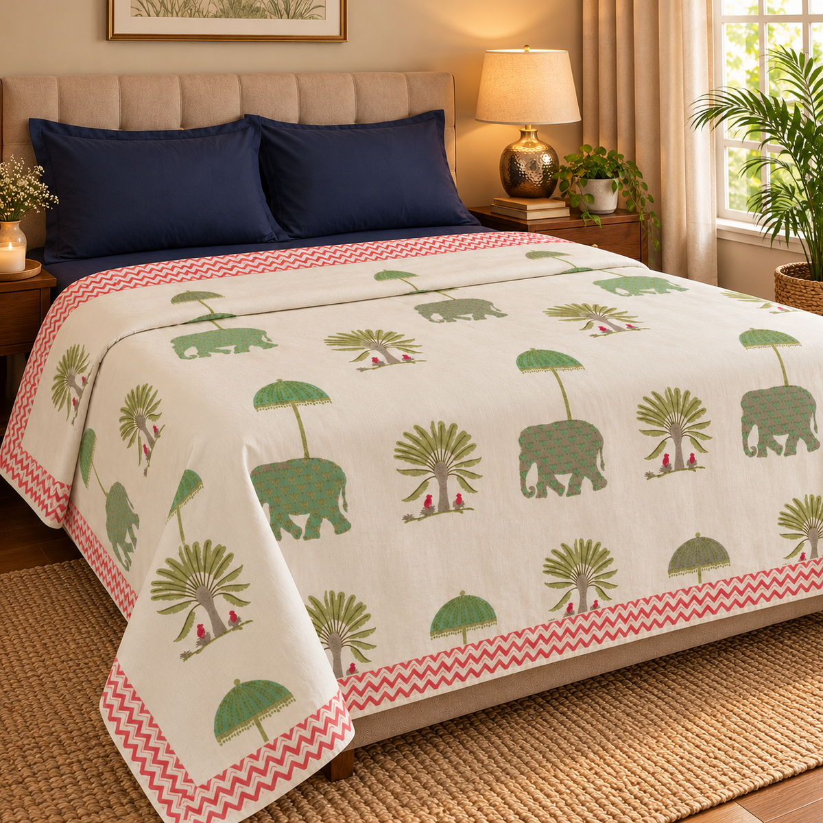 Green Elephant Handblock Bedsheet + Dohar Combo Set