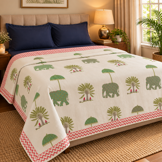 Green Elephant Handblock Bedsheet + Dohar Combo Set