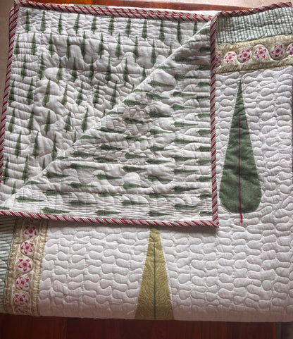 Green Cypress Handblock Printed Reversible Quilted Bedcover Set