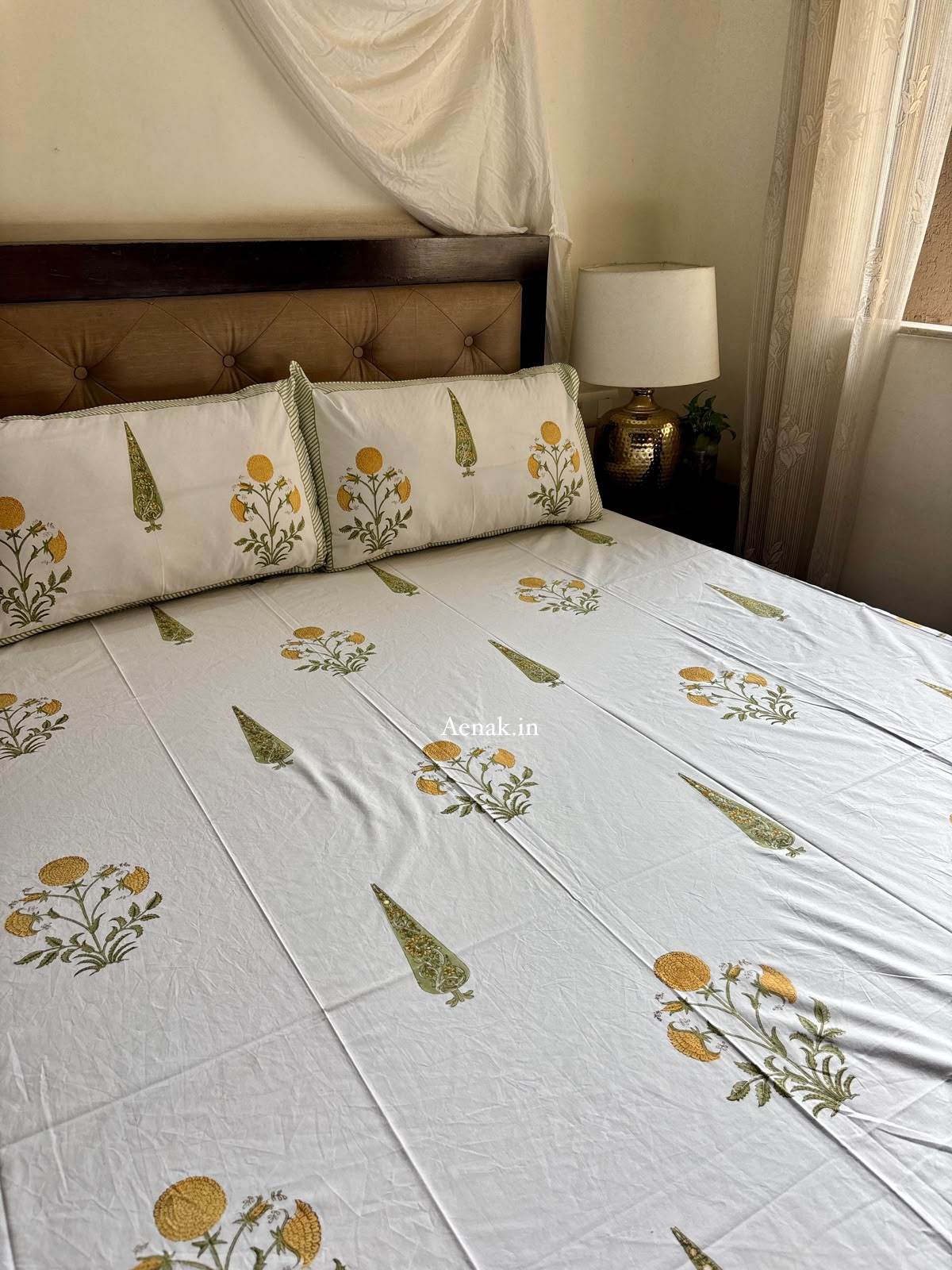 Yellow Dahlia Handblock Bedsheet + Quilt Combo Set