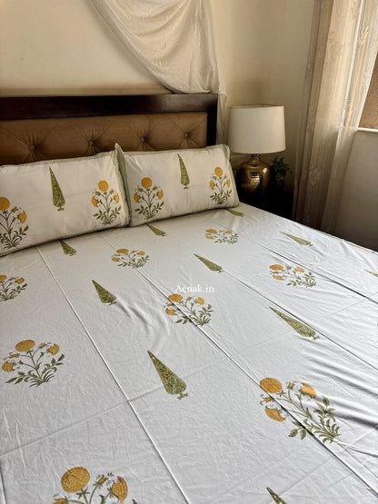 Yellow Dahlia Handblock Bedsheet + Quilt Combo Set