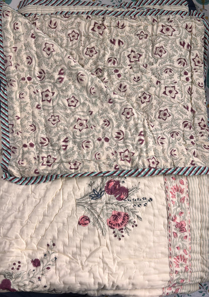 Burgundy Anaar Handblock Reversible Mulmul Cotton Single Bed Quilt (Beige Base)