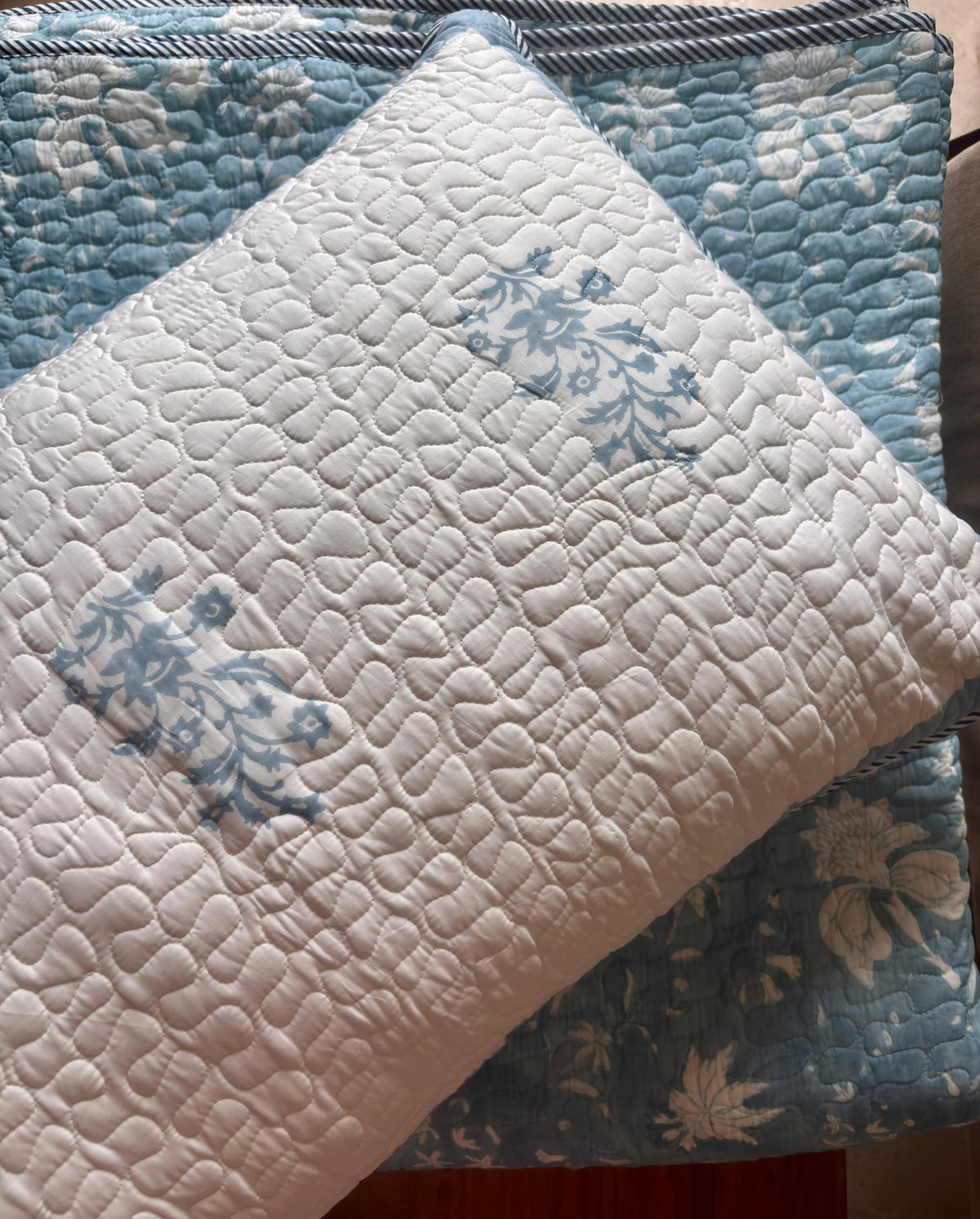 Blue Floral Garden Handblock Printed Reversible Quilted Cotton Bedcover Set-106x108