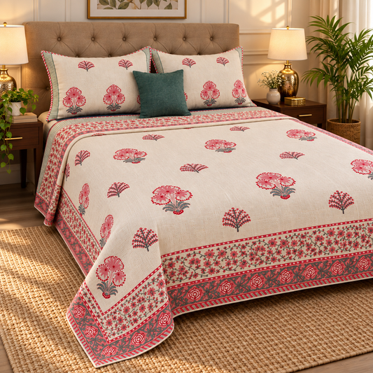 Pink Palm Handblock Jute Cotton Bedcover