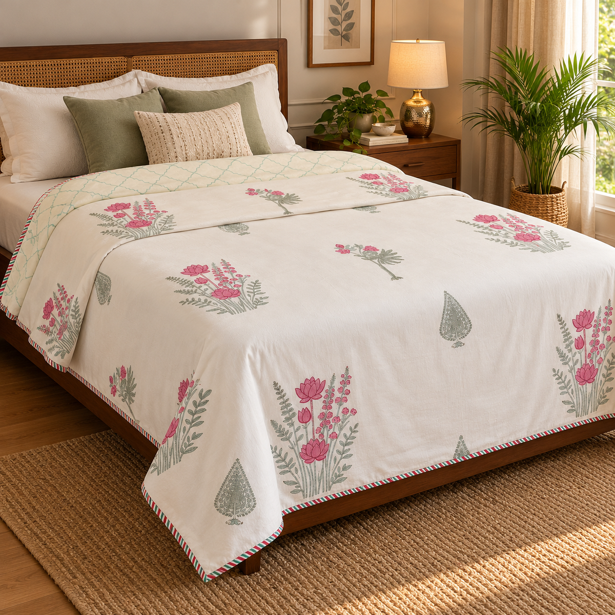 Green Ashoka Handblock Bedsheet + Dohar Combo Set