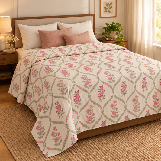Pink Periwinkle Handblock Mulmul Cotton Reversible Dohar