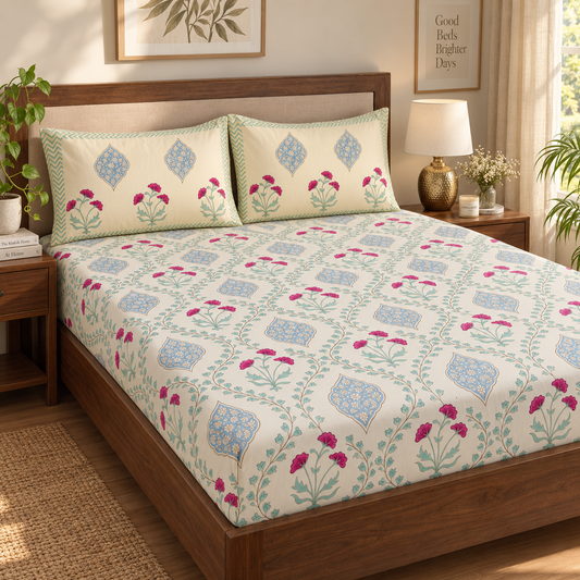 Pink Poppy Jaal Handblock Premium Cotton Bedsheet Set (Light Beige Base)