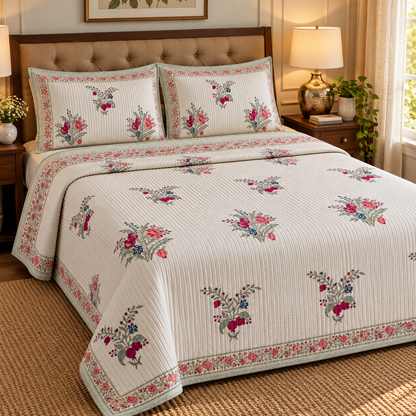 Burgundy Anaar Handblock Printed Reversible Straight Quilted Bedcover Set
