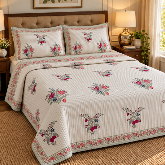 Burgundy Anaar Handblock Printed Reversible Straight Quilted Bedcover Set