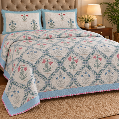 Blue Red Floral Jaal Handblock Reversible Quilted Cotton Bedcover Set