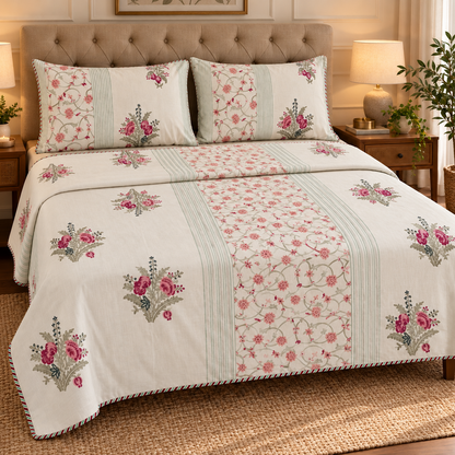 Kashmiri Boota Handblock Bedsheet + Dohar Combo Set