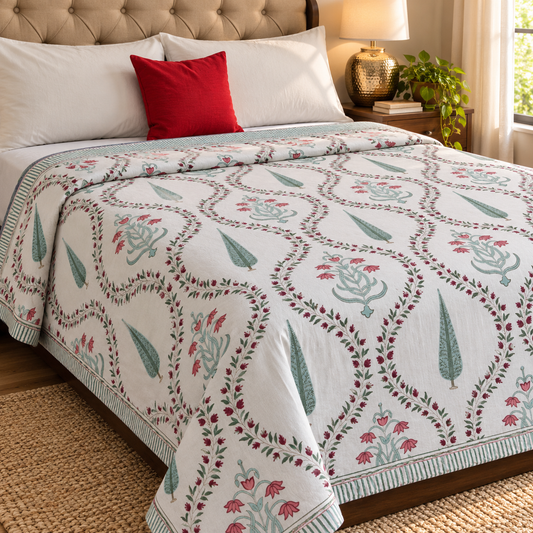 Teal Green Cypress Handblock Reversible Mulmul Cotton Dohar