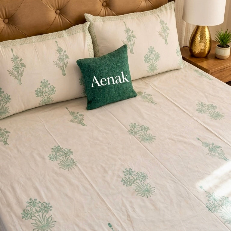 Sea Green Blossom Handblock Bedsheet + Quilt Combo Set