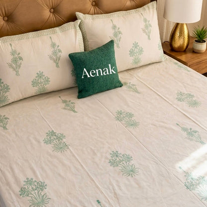 Sea Green Blossom Handblock Bedsheet + Quilt Combo Set