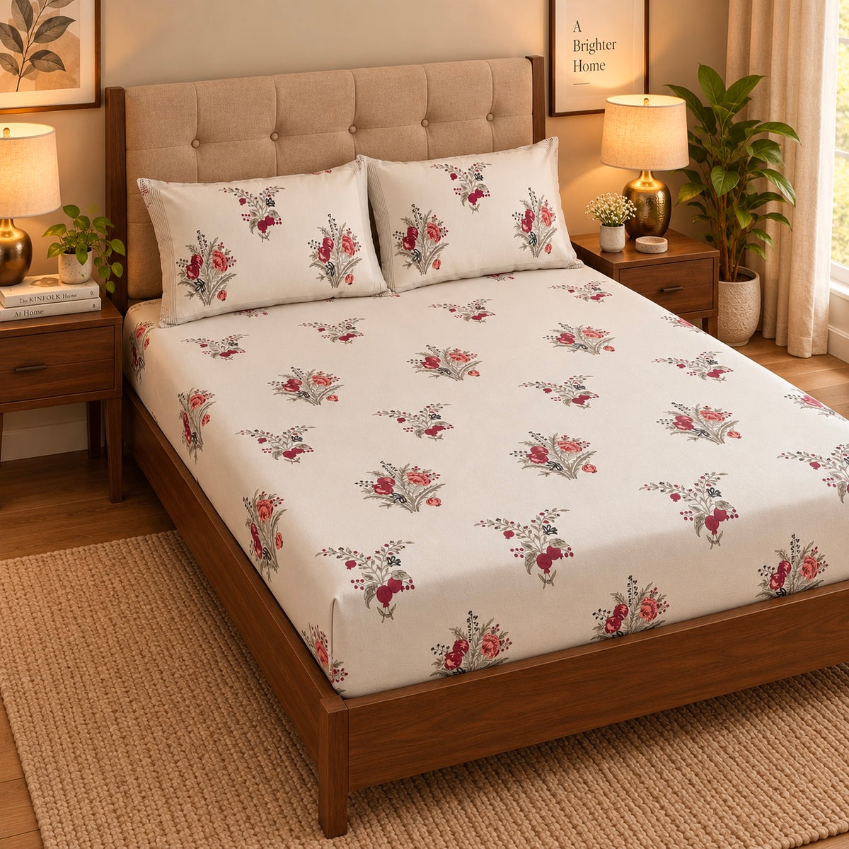 Burgundy Anaar Handblock Premium Cotton Bedsheet Set (Beige Base)