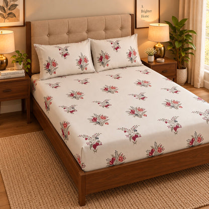 Burgundy Anaar Handblock Premium Cotton Bedsheet Set (Beige Base)