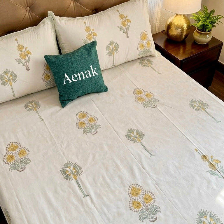 Yellow Blossom Handblock Bedsheet + Quilt Combo Set