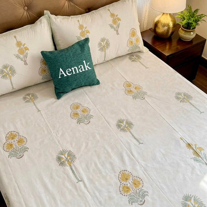 Yellow Blossom Handblock Bedsheet + Quilt Combo Set