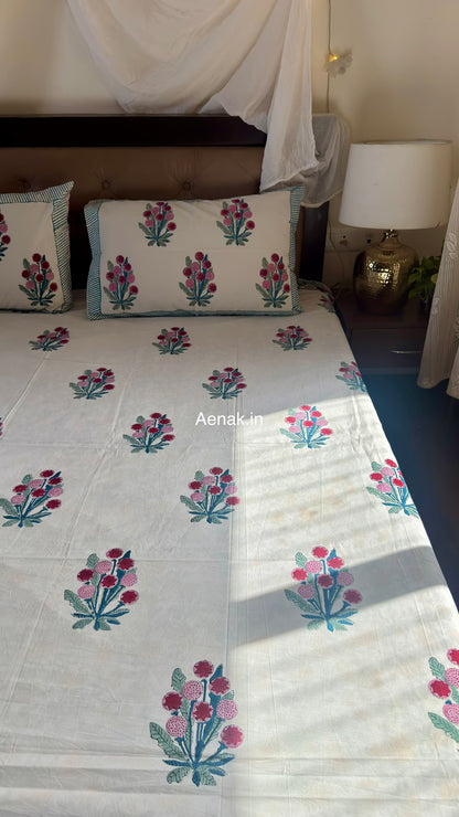 Aenak organic percale cotton bedsheet in green and pink handblock print