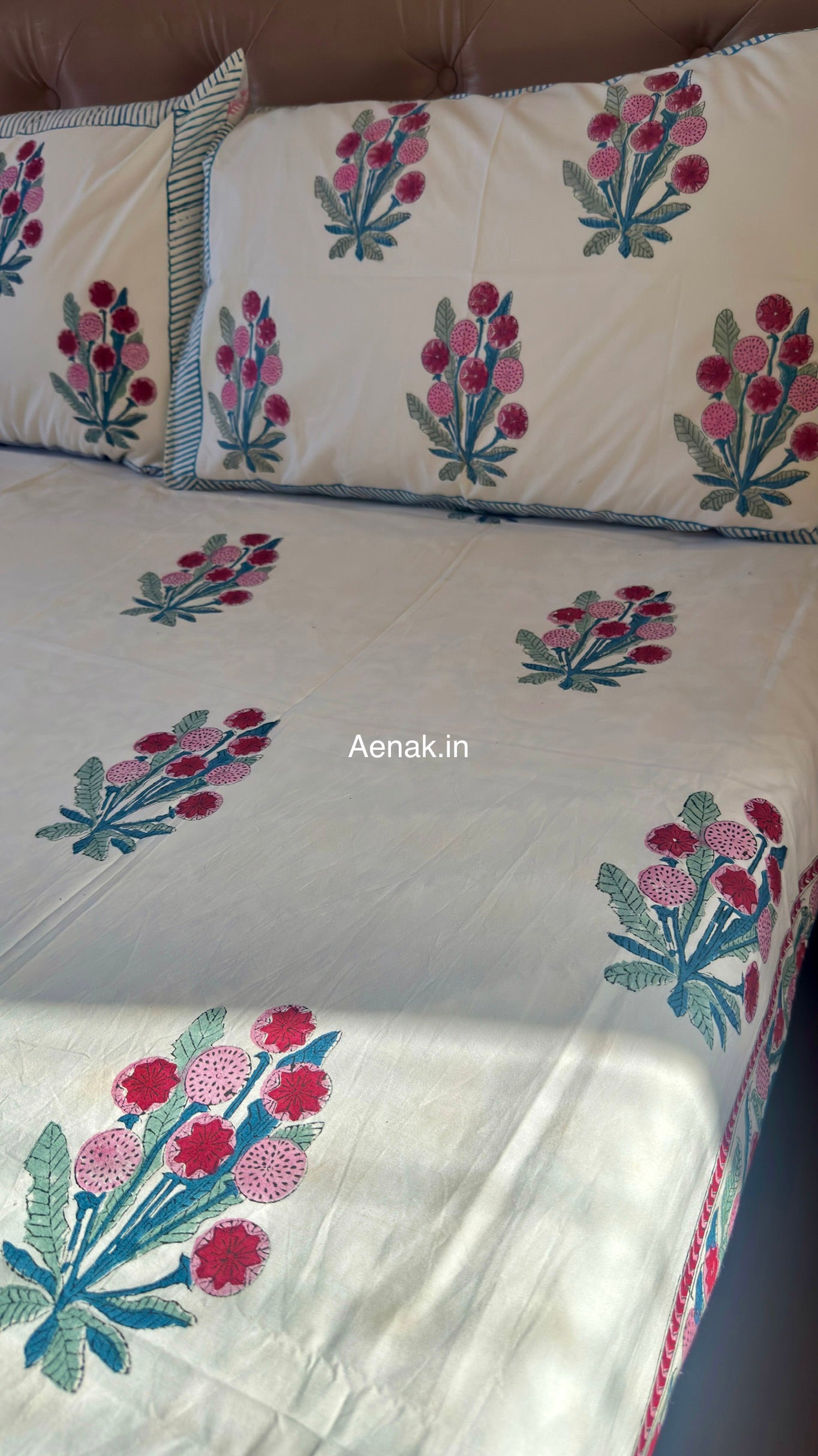 Custom fitted cotton bedsheet in 300 TC percale cotton with Jaipuri style print by Aenak