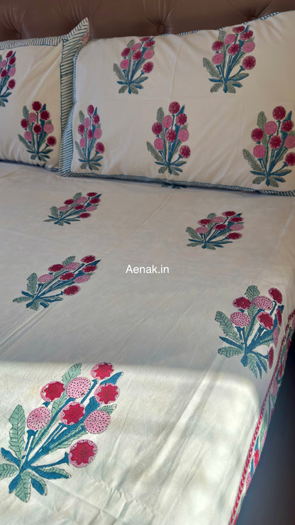 Custom fitted cotton bedsheet in 300 TC percale cotton with Jaipuri style print by Aenak