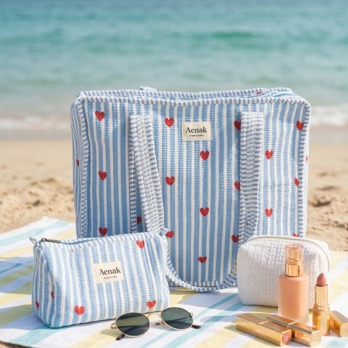 Blue Little Heart Quilted Cotton Travel Bag + Vanity Pouch